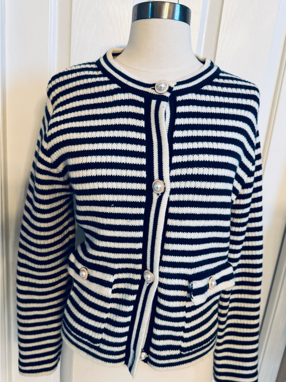 Sioni Navy and White Striped Pearl-Button Cardigan